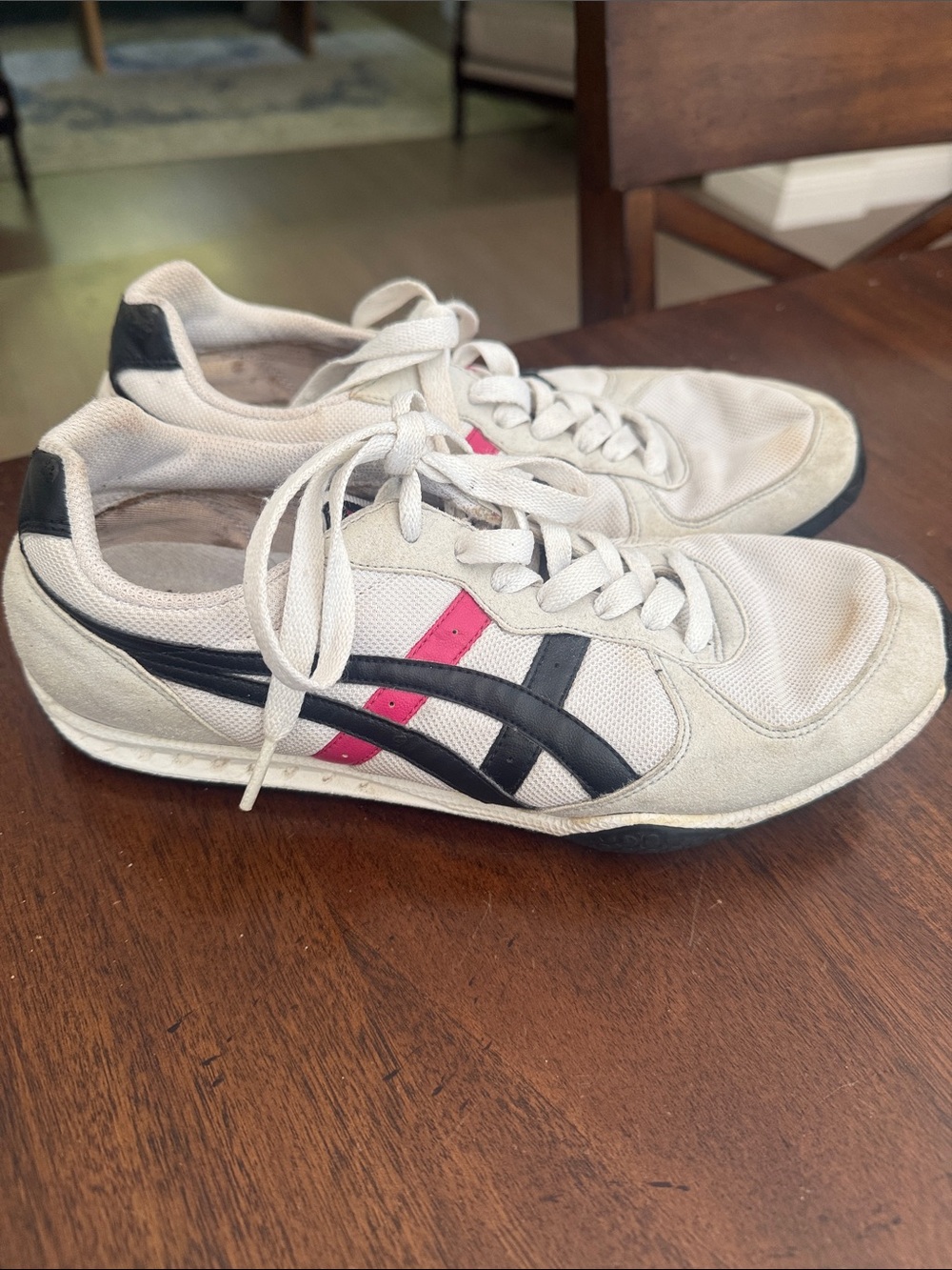 Asics White Sneakers with Black and Pink Stripes